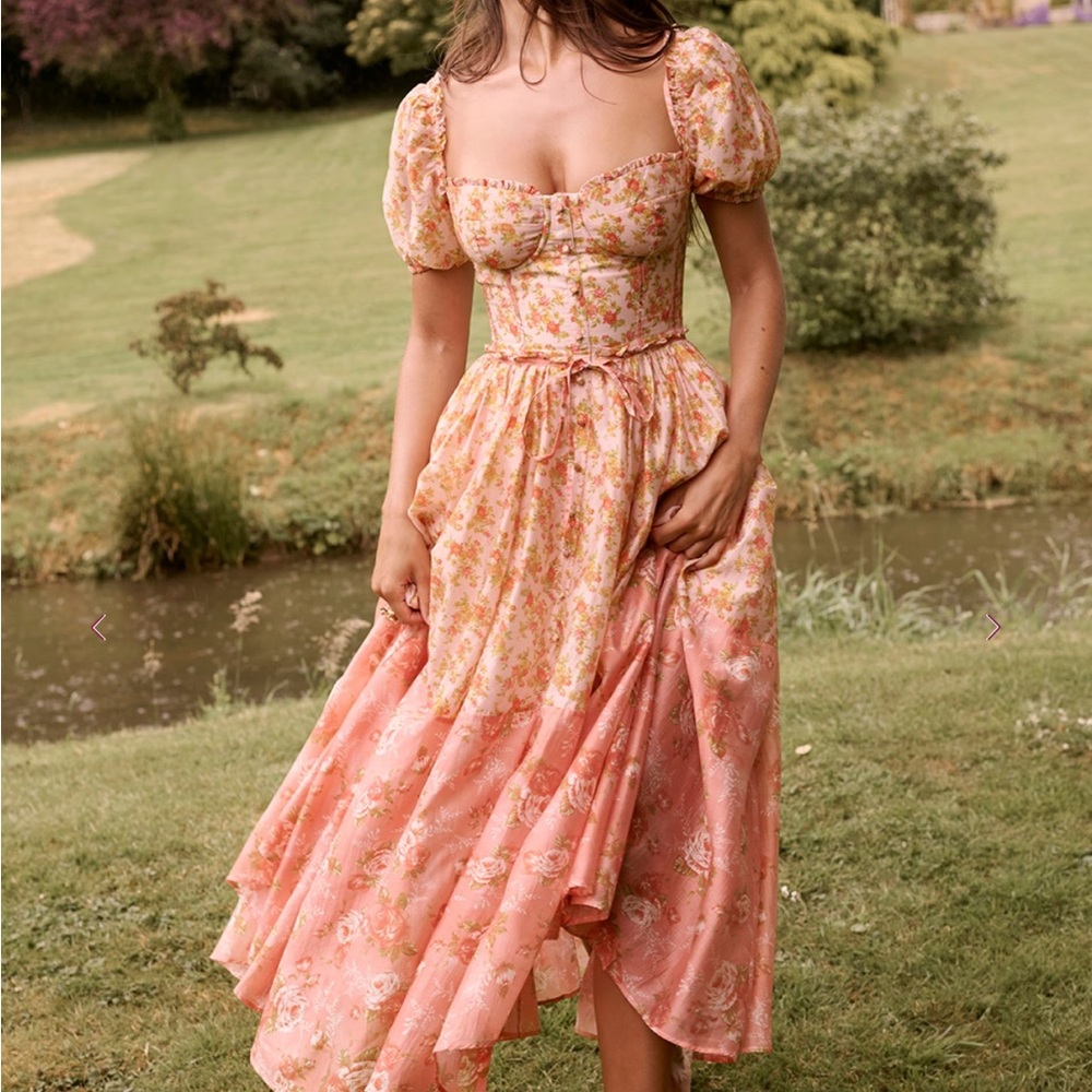House of cb Peach Poppy Print Puff Sleeve Midi Sundress - Picture 3 of 5